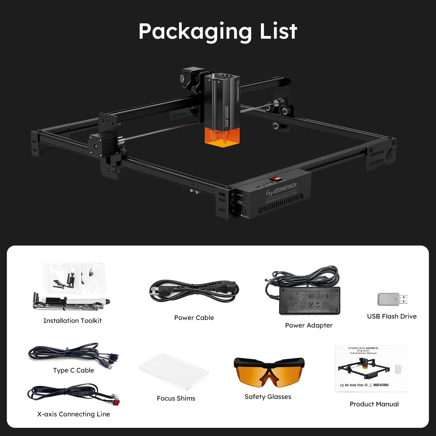 ATOMSTACK A20 PRO V2 Laser Engraver 20W Laser Power Eye Protection 400mm/s High-Speed Laser Engraving Machine 400x365mm Work