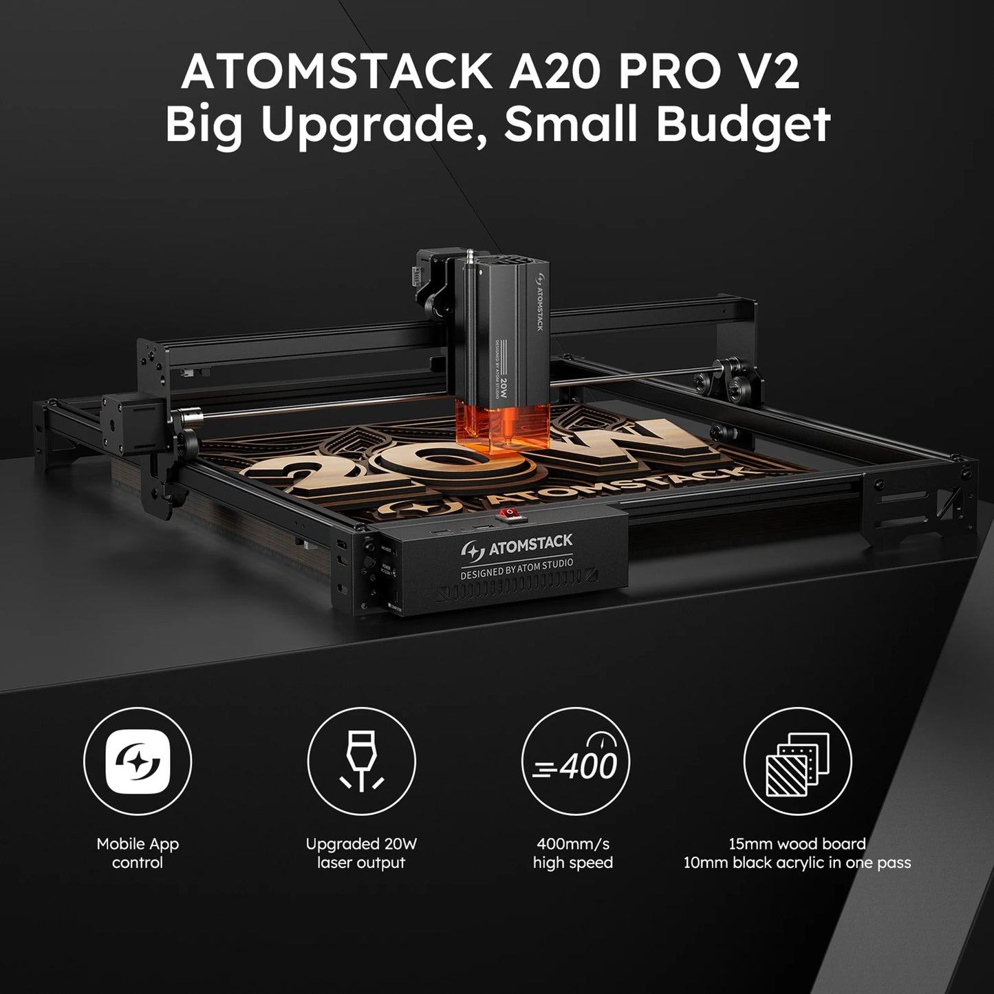 ATOMSTACK A20 PRO V2 Laser Engraver 20W Laser Power Eye Protection 400mm/s High-Speed Laser Engraving Machine 400x365mm Work